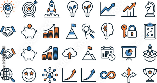 Business growth and startup success icon set featuring strategy, innovation, analytics, investment and leadership vector collection