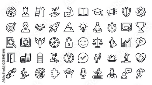 Business development growth and success line icons