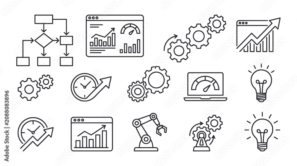 Fototapeta premium Business process automation and data analytics line icons.