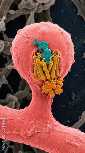 Lsd molecule bound to serotonin receptor on a cortical dendrite, showing lysergic acid diethylamide locked inside the pocket of five ht2a protein structure, activating intracellular signaling.