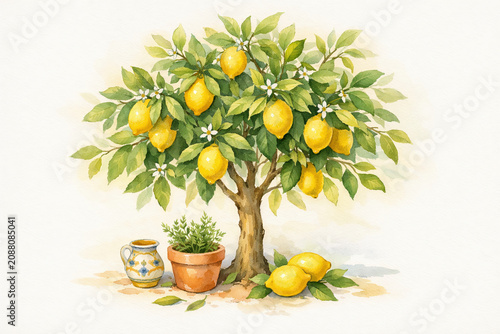 A watercolor illustration of a flourishing lemon tree with ripe citrus fruits in a terracotta pot, celebrating Mediterranean charm and botanical elegance.