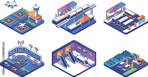 Isometric Smart Public Transportation Vector Set with Drone Vertiport Monorail Train Bus Terminal Traffic Control Center Underground Subway Station and Electric Vehicle Charging Designs
