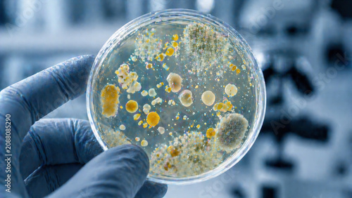 A scientist holds a petri dish containing diverse bacterial colonies in a laboratory, illustrating microbiology research, diagnostics, and biomedical scientific analysis.