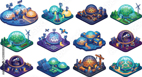 Bild auf Leinwand Isometric Space Colonization Vector Icon Set with SciFi Bio Domes Lunar Research
