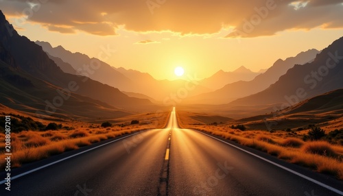 A long scenic road winding through dramatic mountain landscapes beneath a brilliant sunrise
