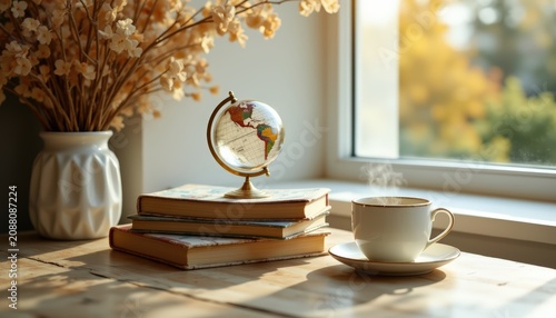 A crystal clear globe placed on top of stacked travel books beside a minimalist white ceramic coffee
