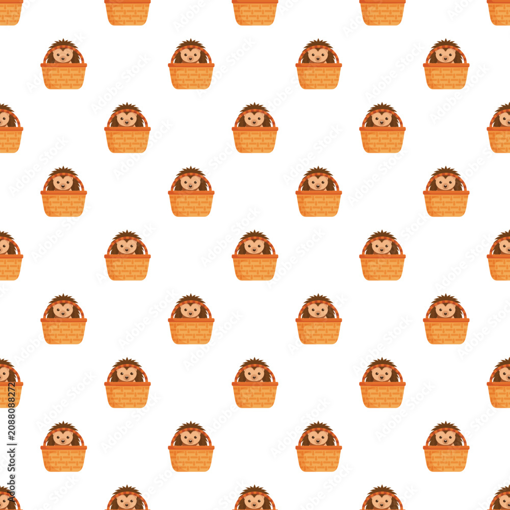 Fototapeta premium Adorable cartoon hedgehog sitting in a wicker basket repeating on a white background