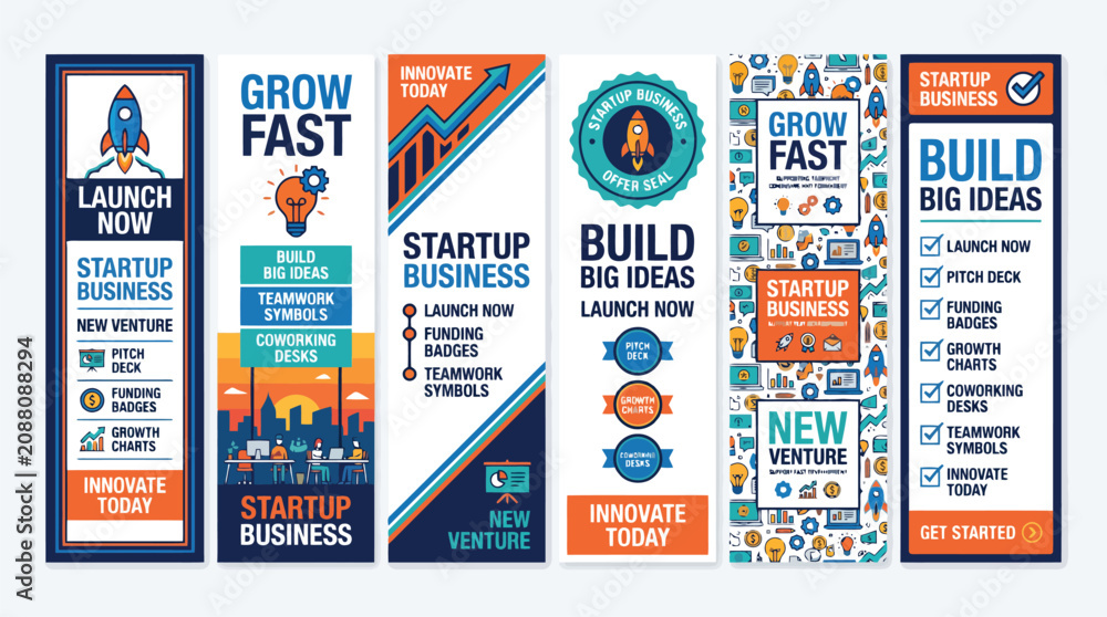 Naklejka premium Startup business vertical banners, professional marketing roll-up templates with rocket launch icons, corporate growth fast promotional flyers