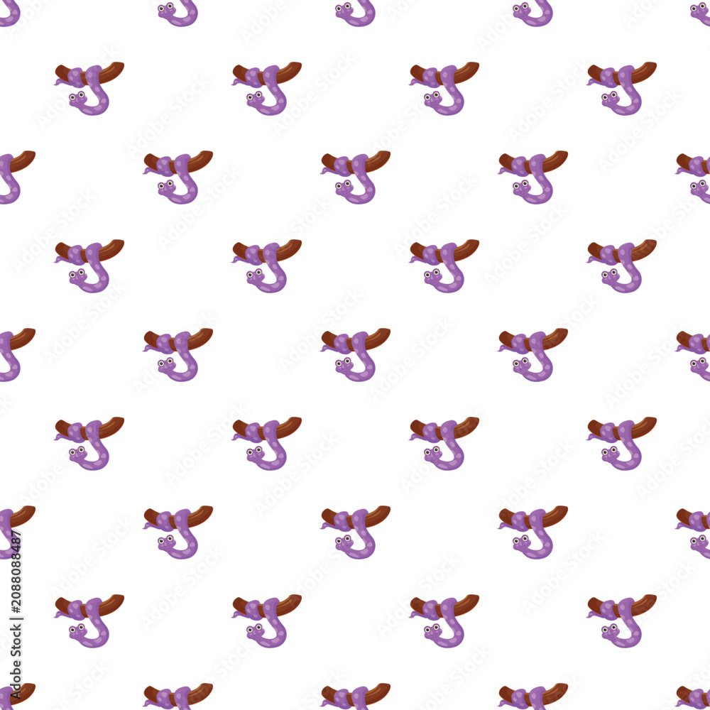 Fototapeta premium Seamless pattern featuring cute purple cartoon snakes hanging on a brown tree branch