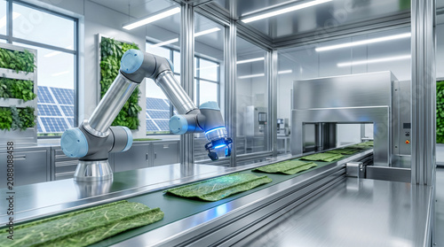 Advanced robotic arm inspecting green leafy food products on conveyor belt
