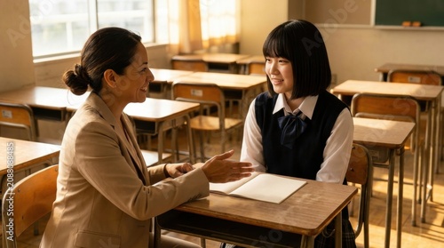 Kind teacher speaks with a smiling student in an empty classroom during golden light, showing emotional encouragement, supportive mentorship, trust, and school well-being after lessons end well