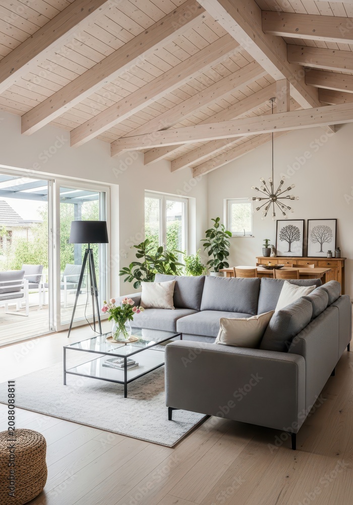 Fototapeta premium Modern Bright Living Room Interior with Grey Sectional Sofa, Vaulted Wooden Ceiling, and Large Windows to Patio
