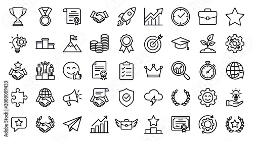 Business success and startup growth outline icons.