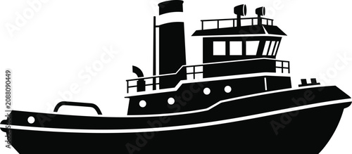 Tableau sur toile Tugboat black silhouette vector illustration side view commercial shipping and m