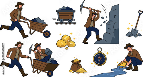 Foto Gold Rush Mining Character Action Icon Set with Prospectors Pushing Wheelbarrow