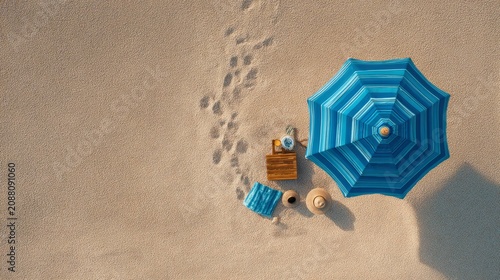Colorful beach umbrella with towel and summer vacation essentials on sandy beach, aerial top view with copy space for travel, holiday, tourism, relaxation and seaside background