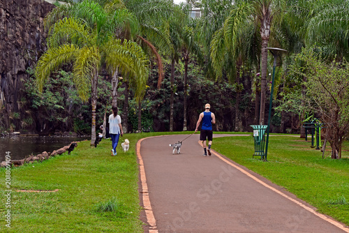 People walking their dogs in the public park in Ribeirao Preto, Sao Paulo, Brazil