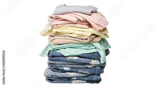 Konstfotografi Stack of folded clothes and denim jeans with distressed details