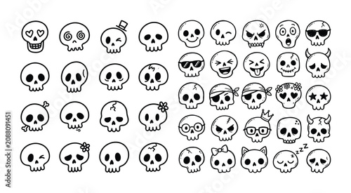 Set of hand drawn funny skull doodles with various expressions and accessories
