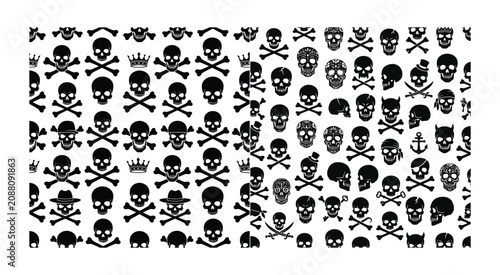 Seamless pattern with black skull and crossbones icons on a white background