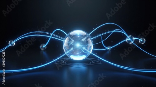 Futuristic digital network node with glowing blue fiber optic cables connecting glass spheres in a dark abstract technology database concept scenery