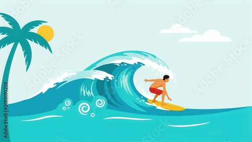 Man surfing on a wave with a palm tree in the background on a sunny day