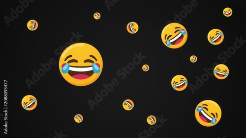 Laughing crying face emojis floating on black background