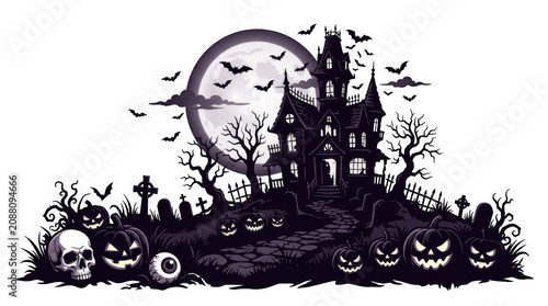 Black silhouette of spooky haunted house with pumpkins and bats on hill at night  eerie Halloween scene transparent background