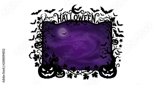 Halloween themed frame with purple night sky and spooky decorations transparent background