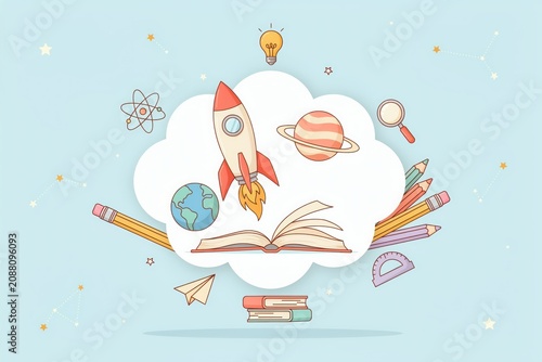 Conceptual illustration of learning and imagination with rocket, planets, book, and lightbulb.