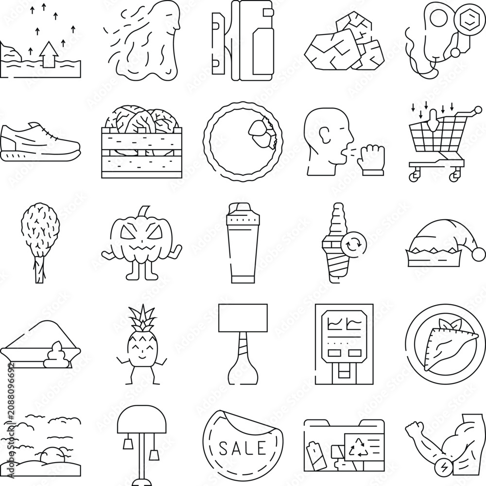 Fototapeta premium Collection of diverse outline icons depicting concepts related to health, shopping, food, and miscellaneous items such as a pumpkin, lamp, and recycling folder, usable for various design needs