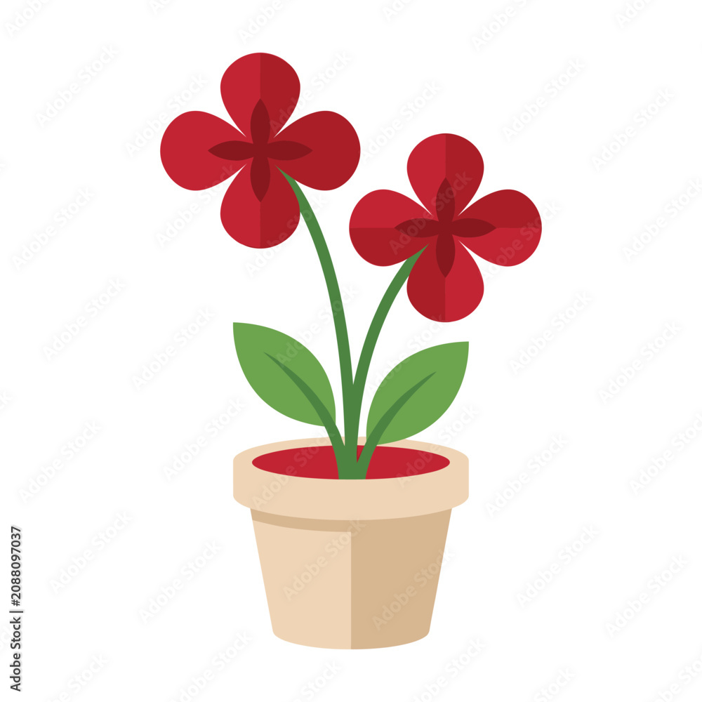 Obraz premium Red Four Petal Flowers Growing in a Simple Ceramic Pot Isolated on White Surface