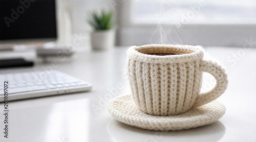 Minimalist white workspace featuring a cozy knitted wool coffee mug with warm steam  representing comfort and mental health at work