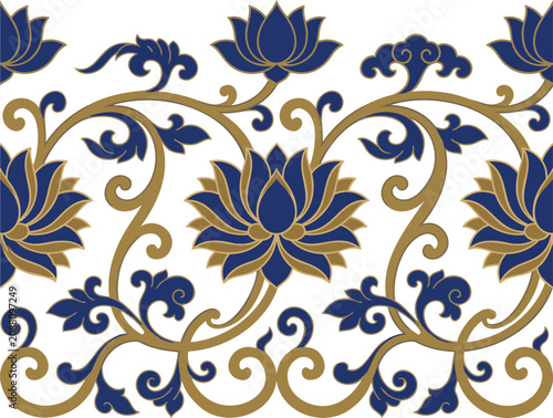 Foto Seamless border pattern with elegant blue and gold lotus flowers and swirls