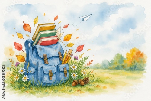 Blue backpack filled with books and school supplies on grassy field with autumn leaves.