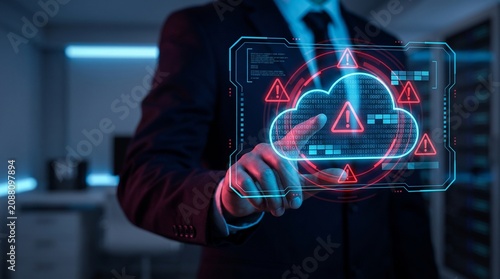 Businessman pointing at holographic data cloud with multiple warning signs and binary code background representing critical server failure or massive cybersecurity breach in enterprise