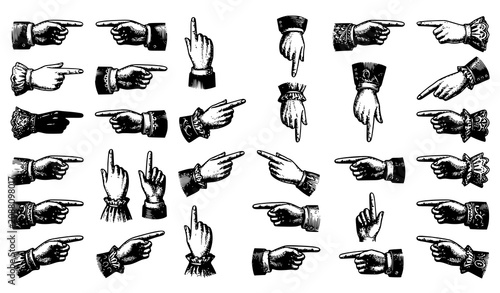 Pointing Hands Engraving Style Vector Set with Vintage Directional Hand Symbols