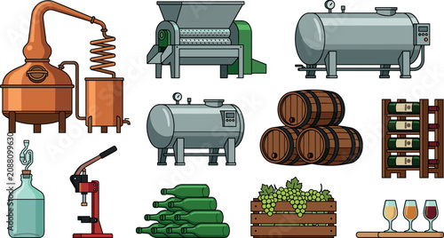 Photos Winery and Distillery Equipment Icon Set with Copper Alembic Still Grape Crusher