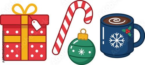 Christmas scene with gift candy ornament and hot chocolate on table indoors