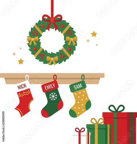 Colorful Christmas decorations with wreath, stockings, and gifts on shelf indoors