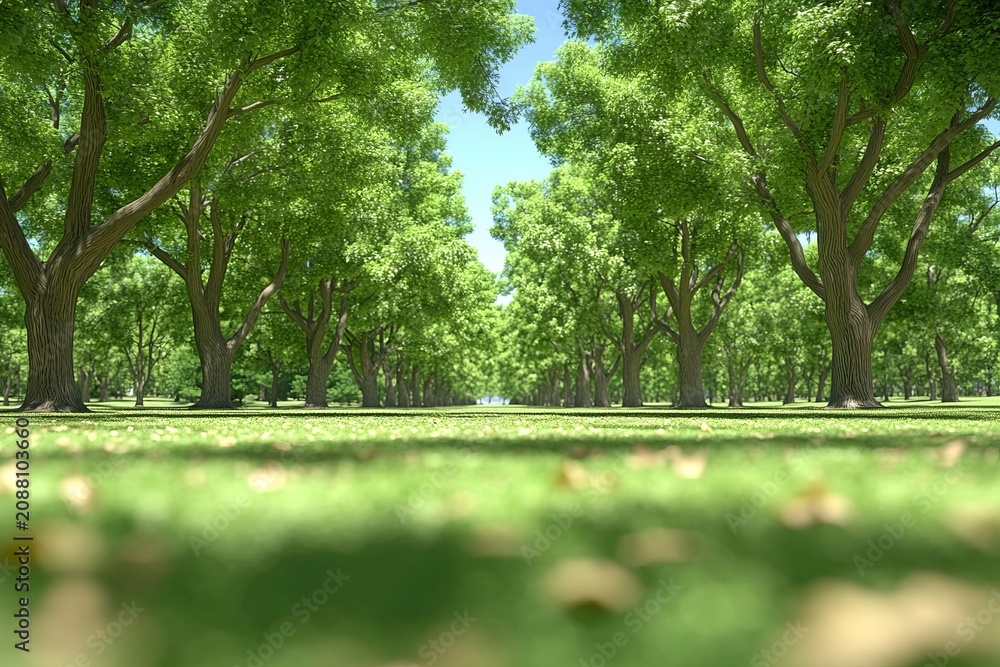 Fototapeta premium A panoramic woodland meadow featuring majestic sunlight and softly blurred emerald spring morning.
