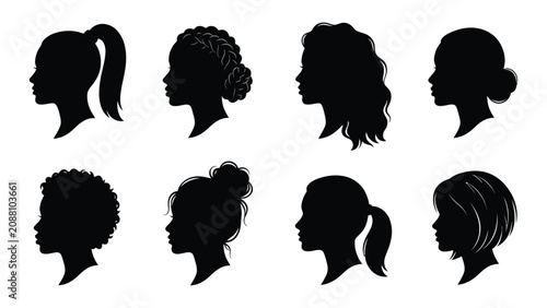 Cuadro en lienzo Woman heads in profile silhouette show different modern hair cuts and styling options for beauty