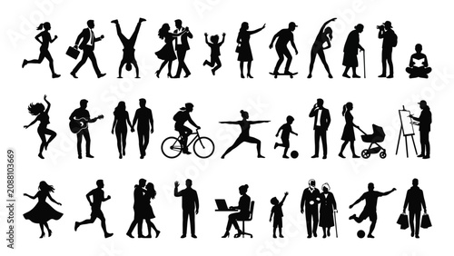 Tableau sur toile People silhouettes represent various daily activities and social interactions in a black graphic set