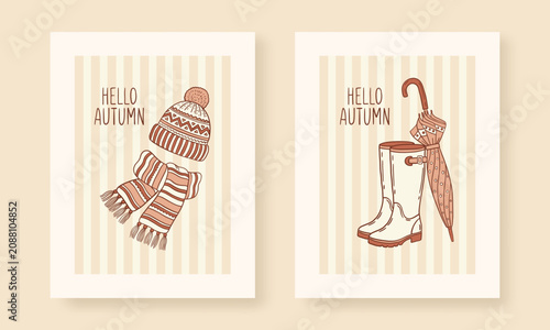 Hello autumn vector greeting cards set with cozy seasonal clothes in warm cottagecore colors. Cute hand drawn elements like knitted hat, scarf, rubber rain boots and umbrella on a striped background.
