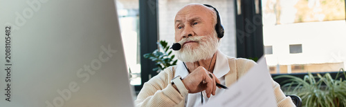 Fotografi A senior businessman with a grey beard actively participates in discussions, immersed in modern office work