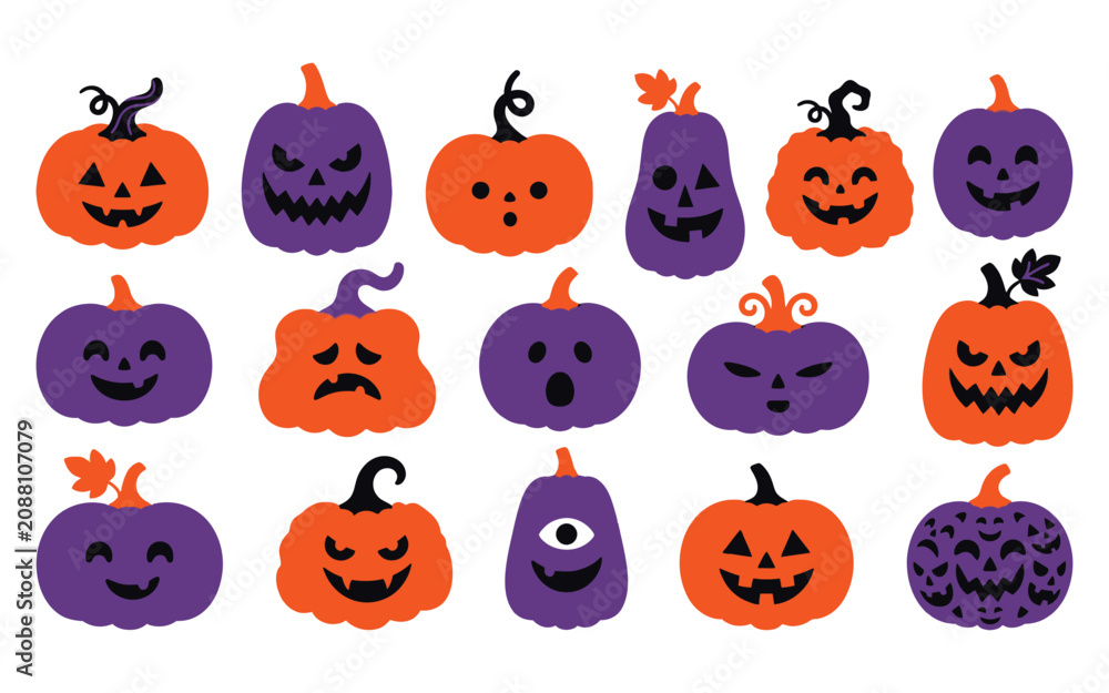Fototapeta premium Set of halloween vector pumpkins diverse jack o' lantern faces for spooky autumn designs