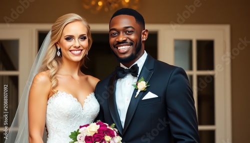 Elegant Wedding Portrait of a Beautiful Bride and Handsome Groom Smiling Together in a Luxurious Venue with Floral Bouquet