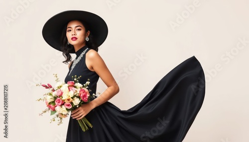 Elegant woman in black dress and wide-brim hat holding bouquet of flowers on light background, showcasing modern fashion and beauty