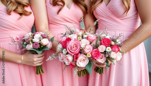 Beautiful bridesmaids holding pink and white floral bouquets in elegant dresses during a joyful wedding celebration in soft pastel colors