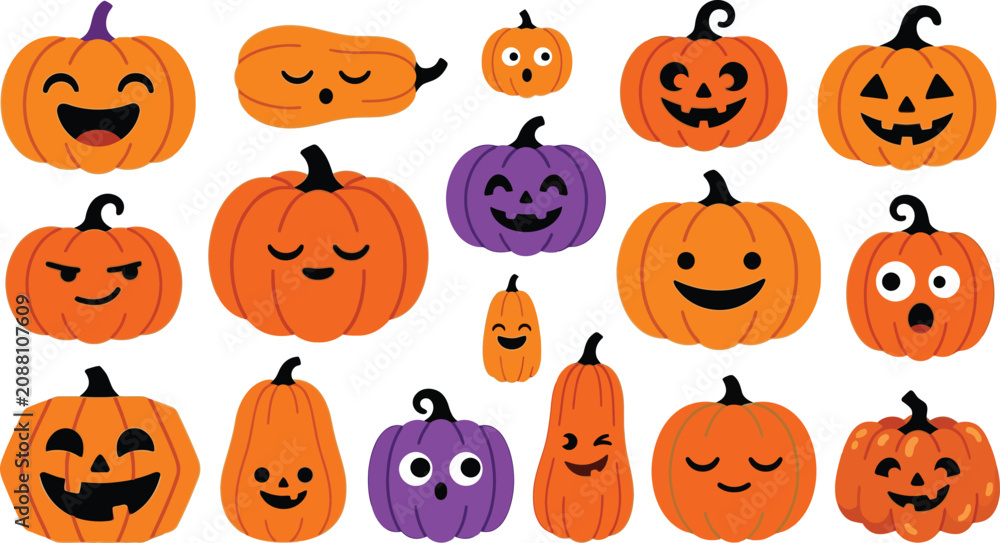 Obraz premium Colorful Hand Drawn Halloween Pumpkin Faces Illustration Set Flat Lay